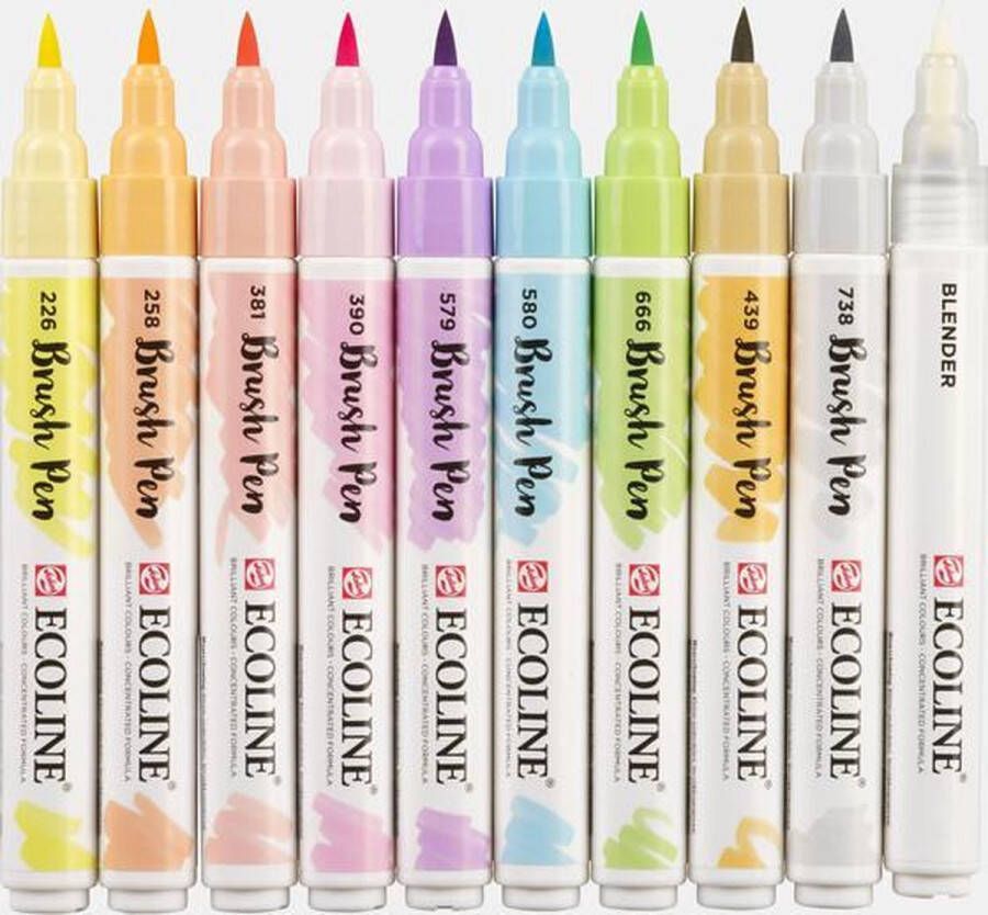 Royal Talens Ecoline set van 10 Brush Pennen Pastel Kleuren + A4 Ecoline Blok + 1 Ecoline Blender + één A4 Zipperbag