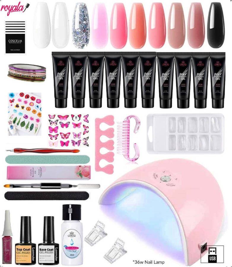 Royala 01X Professionele Poly Gel Set – 10 Kleuren Polygel Pakket incl. 36W UV Nageldroger Glitter Polygel Nude color Nagelriemolie Nail art Striping Art Gel lak