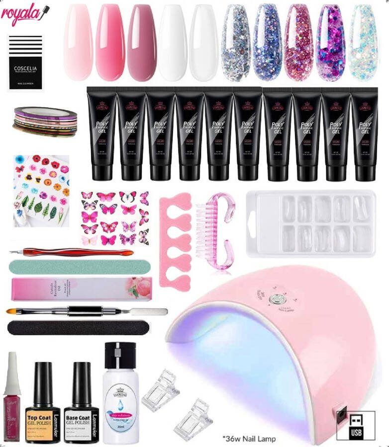 Royala 02X Professionele Poly Gel Set – 10 Kleuren Polygel Pakket incl. 36W UV Nageldroger Topcoat Basecoat Glitter Polygel Nude color Nagelriemolie Nail art Striping Art Gel lak