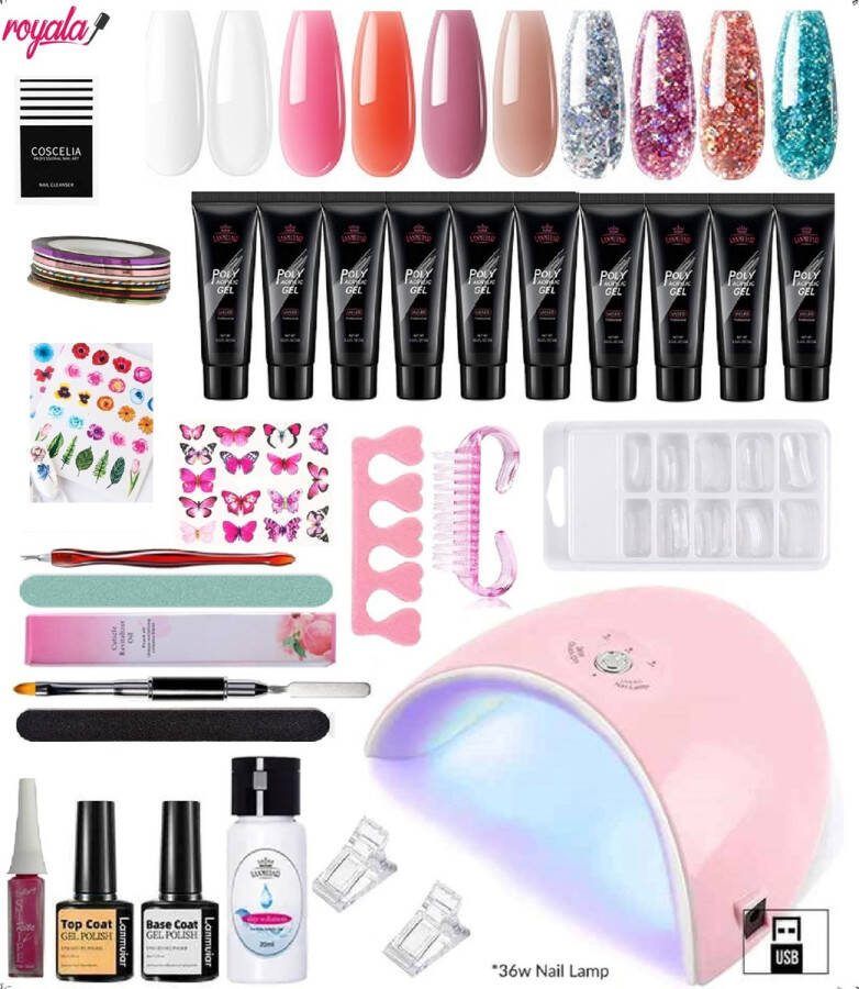 Royala 03X Professionele Poly Gel Set – 10 Kleuren Polygel Pakket incl. 36W UV Nageldroger Topcoat Basecoat Glitter Polygel Nude color Nagelriemolie Nail art Striping Art Gel lak