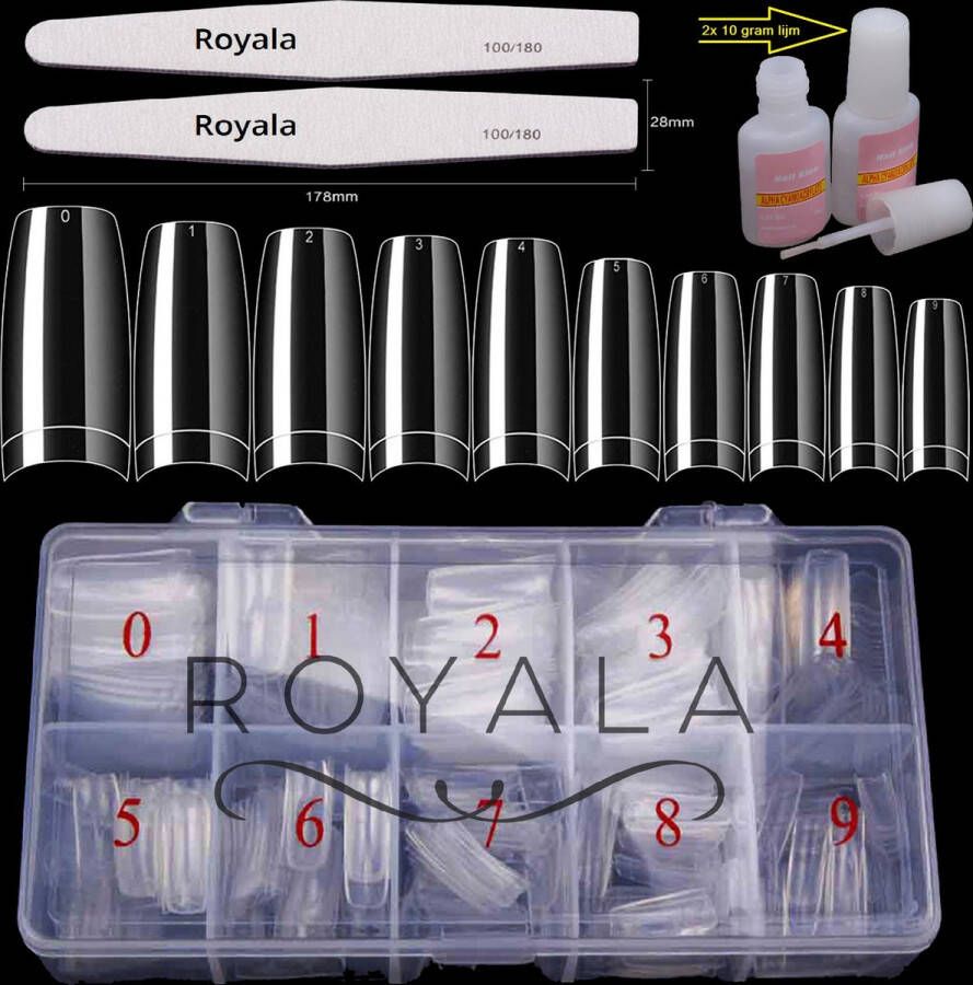 Royala Nagel Tips French 500 stuks + 2x 10 Gram Nagellijm + 2x Nagelvijl 100 180 Grit Kunstnagel Set NepNagels Tips Transparant Clear Helder Acryl en Gel in tipbox