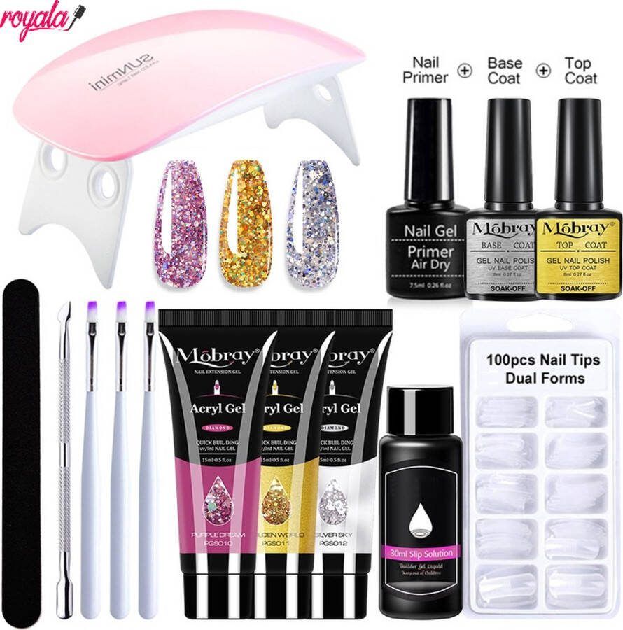 Royala Nr26 Poly gel starter kit – 3 Kleuren Polygel 3 mooie polygel kleuren voor de feestdagen Basecoat Topcoat Primer Slip Solution Polygel Tips Dual Molds Polygel Pakket LED Nageldroger Poly Acryl Nagels Nail Art Gel Lak
