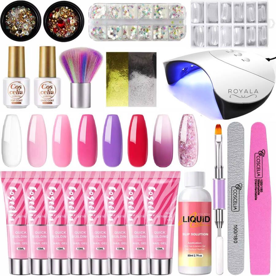 Royala POG4 Professionele Poly Gel Kit – Premium Quality – 8 Kleuren Polygel Dual Molds Nagelvormen Polygel Pakket Topcoat Basecoat incl. 36 Watt LED Nageldroger Poly acryl nagels Nail Art Pakket Starterspakket Gel lak