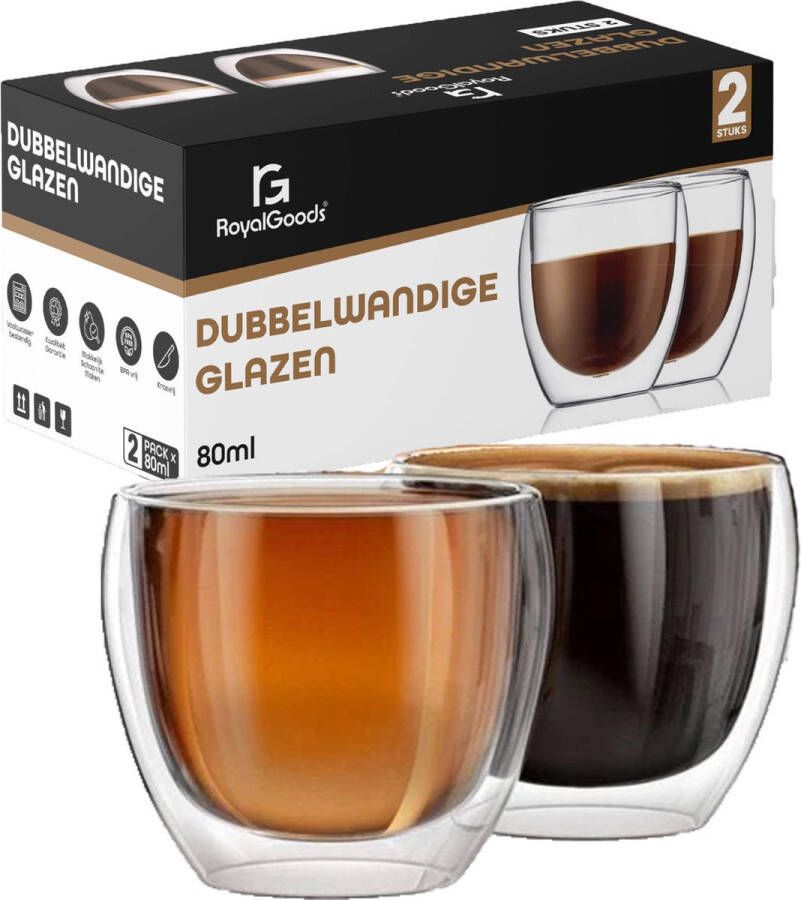 RoyalGoods Dubbelwandige Glazen – Koffieglazen Theeglazen – 80ML – 2 Stuks – Cappuccino Glazen Latte Macchiato Glazen