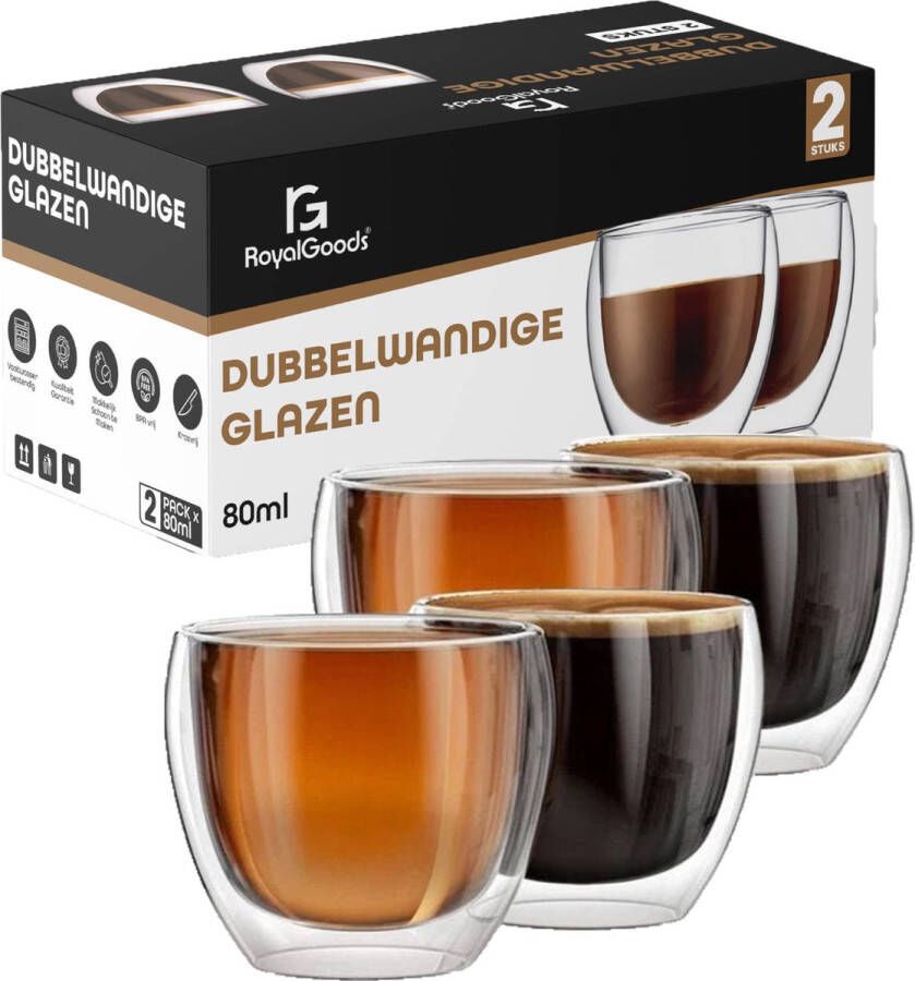 RoyalGoods Dubbelwandige Glazen – Koffieglazen Theeglazen – 80ML – 4 Stuks – Cappuccino Glazen Latte Macchiato Glazen