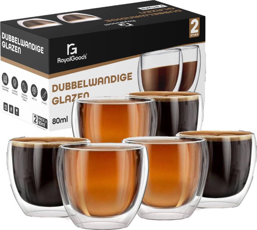 RoyalGoods Dubbelwandige Glazen – Koffieglazen Theeglazen – 80ML – 6 Stuks – Cappuccino Glazen Latte Macchiato Glazen