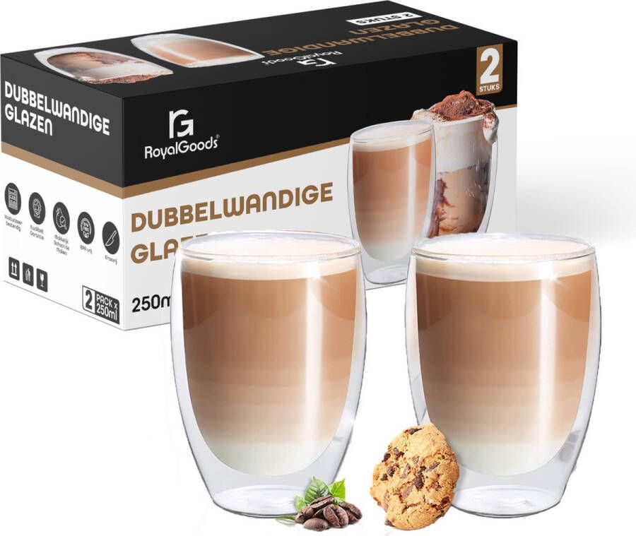 RoyalGoods Dubbelwandige Glazen – Koffieglazen Theeglazen – 250ML – 2 Stuks – Cappuccino Glazen Latte Macchiato Glazen