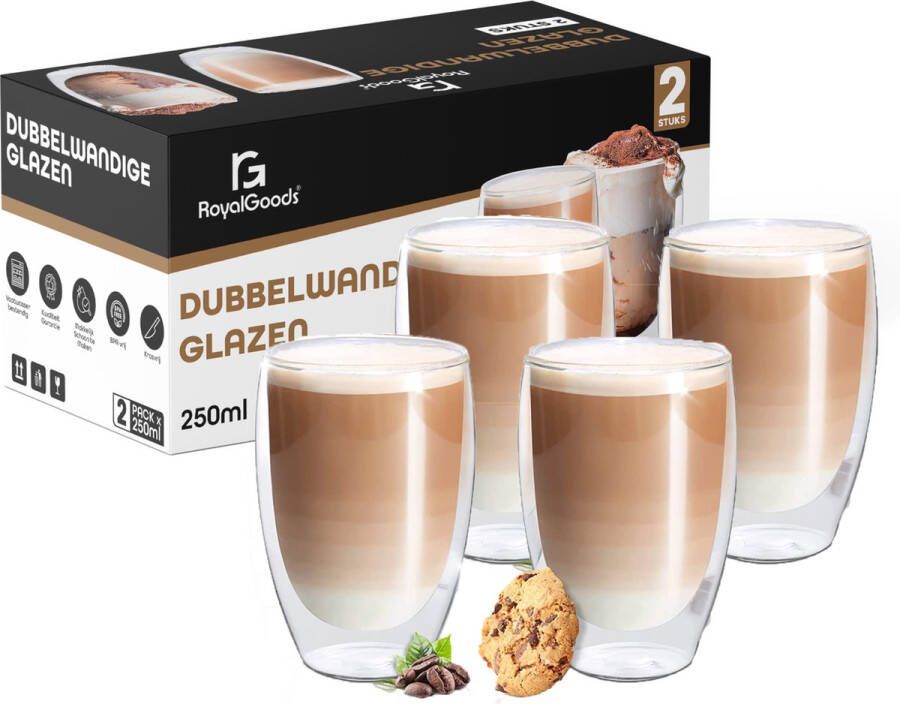 RoyalGoods Dubbelwandige Glazen – Koffieglazen Theeglazen – 250ML – 4 Stuks – Cappuccino Glazen Latte Macchiato Glazen