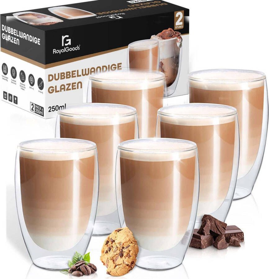 RoyalGoods Dubbelwandige Glazen – Koffieglazen Theeglazen – 250ML – 6 Stuks – Cappuccino Glazen Latte Macchiato Glazen