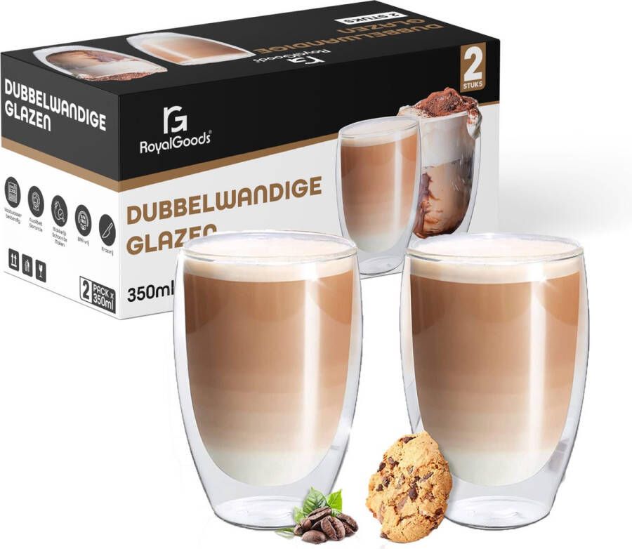 RoyalGoods Dubbelwandige Glazen – Koffieglazen Theeglazen – 350ML – 2 Stuks – Cappuccino Glazen Latte Macchiato Glazen