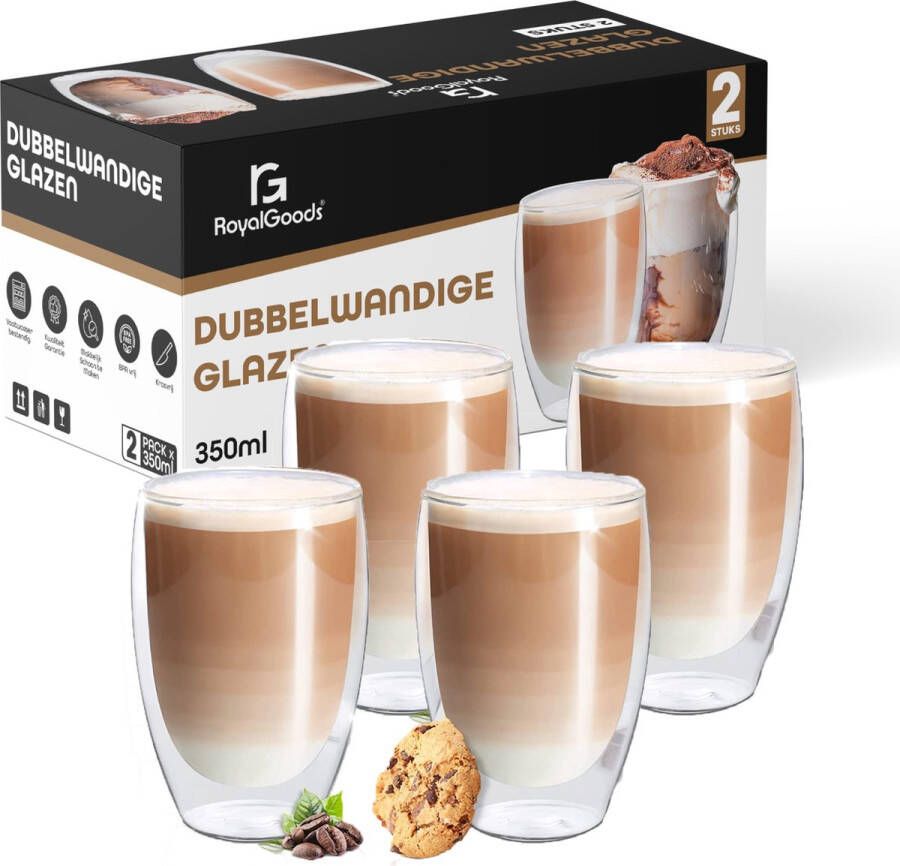 RoyalGoods Dubbelwandige Glazen – Koffieglazen Theeglazen – 350ML – 4 Stuks – Cappuccino Glazen Latte Macchiato Glazen