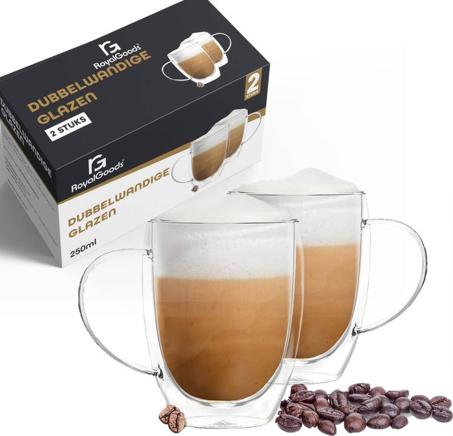 RoyalGoods Dubbelwandige Glazen Met Oor – Koffieglazen Theeglazen – 250ML – 2 Stuks – Cappuccino Glazen Latte Macchiato Glazen