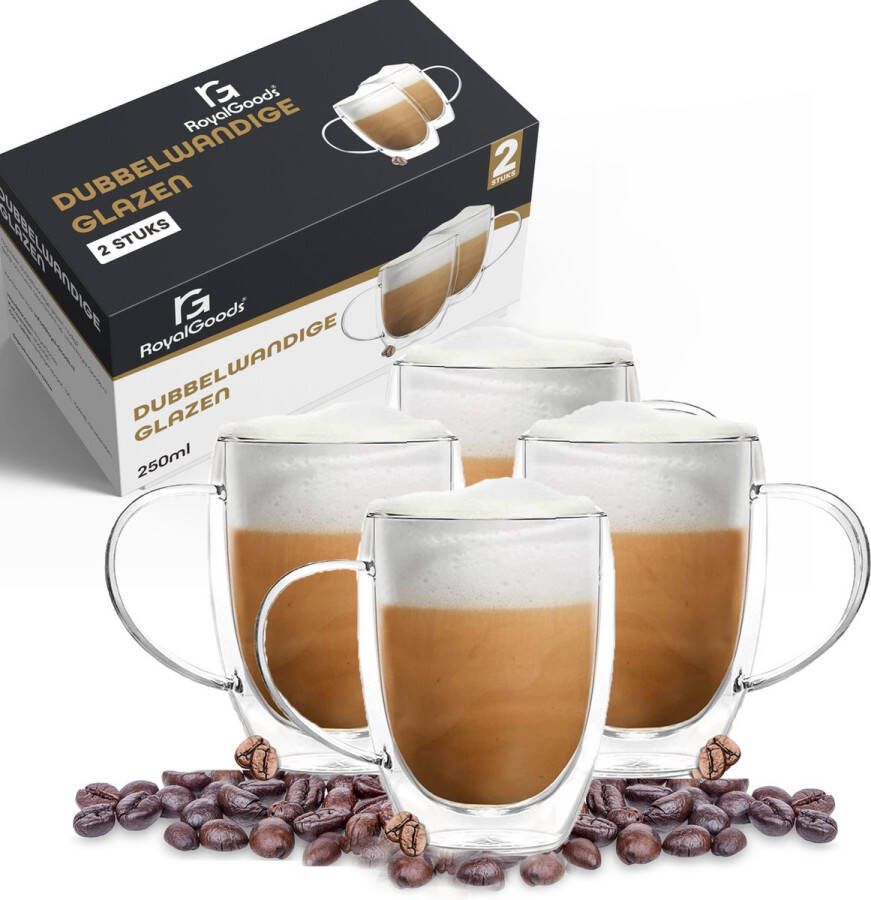 RoyalGoods Dubbelwandige Glazen Met Oor – Koffieglazen Theeglazen – 250ML – 4 Stuks – Cappuccino Glazen Latte Macchiato Glazen