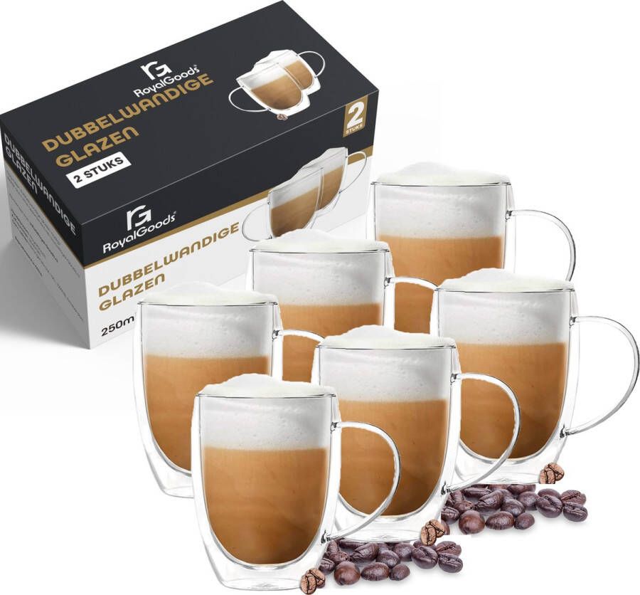 RoyalGoods Dubbelwandige Glazen Met Oor – Koffieglazen Theeglazen – 250ML – 6 Stuks – Cappuccino Glazen Latte Macchiato Glazen