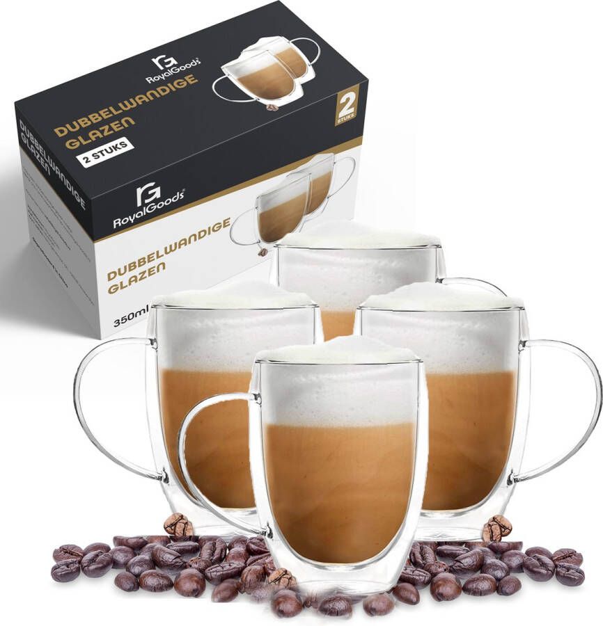 RoyalGoods Dubbelwandige Glazen Met Oor – Koffieglazen Theeglazen – 350ML – 4 Stuks – Cappuccino Glazen Latte Macchiato Glazen