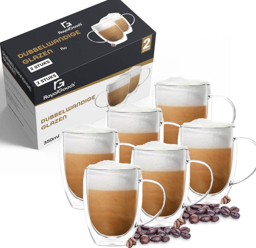 RoyalGoods Dubbelwandige Glazen Met Oor – Koffieglazen Theeglazen – 350ML – 6 Stuks – Cappuccino Glazen Latte Macchiato Glazen