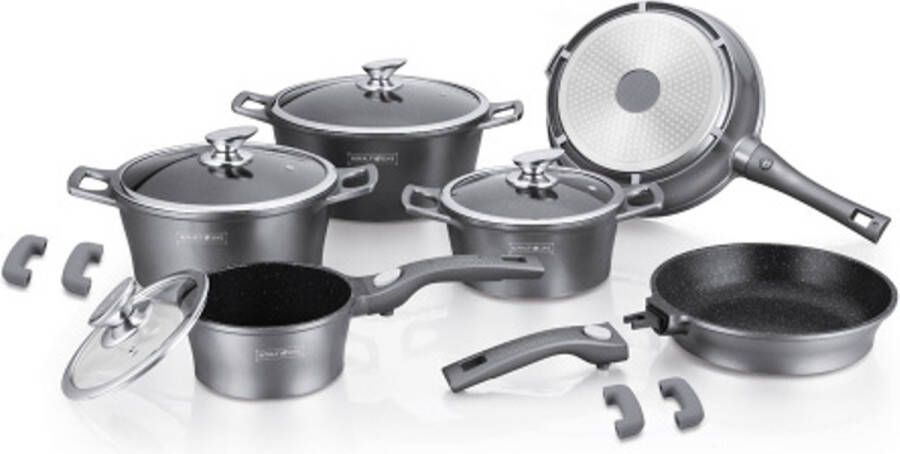 Royalty line 14-Delige Pannenset – Non Stick Marmercoating – Voor Alle Warmtebronnen – Grijs
