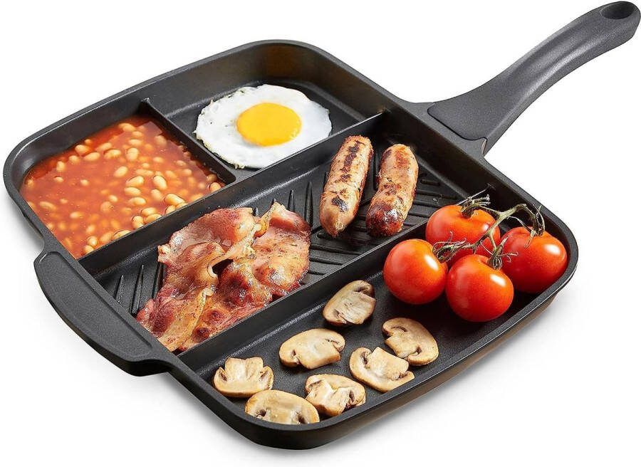 Royalty line 4DF32M Grillpan 4 in 1 Multi Grillpan Niet voor Inductie Bakpan Met 4 Secties Ø32 cm Pan Met Antiaanbaklaag Zwart