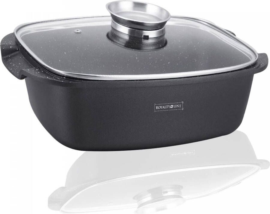 Royalty line ACR34M Braadpan 6.9 Liter Braadslede 34 cm Braadpan Inductie Voor Alle Warmtebronnen Oven-Vrij Ovenschaal Met Aromaknop en Glazen Deksel Zwart