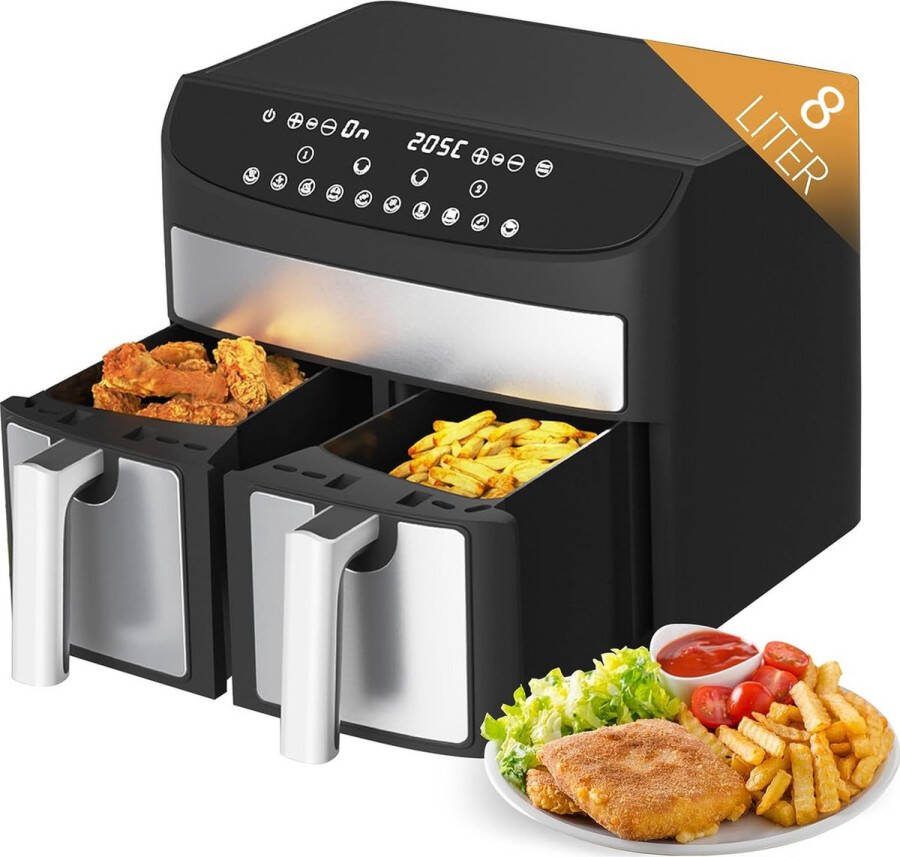 Royalty line AF5409 Dubbele Airfryer XXL Airfryer XXL Met Twee Kookvakken 2 x 4 Liter 2400W Airfryers Digitaal Display 10 Kookvoorinstellingen Zwart