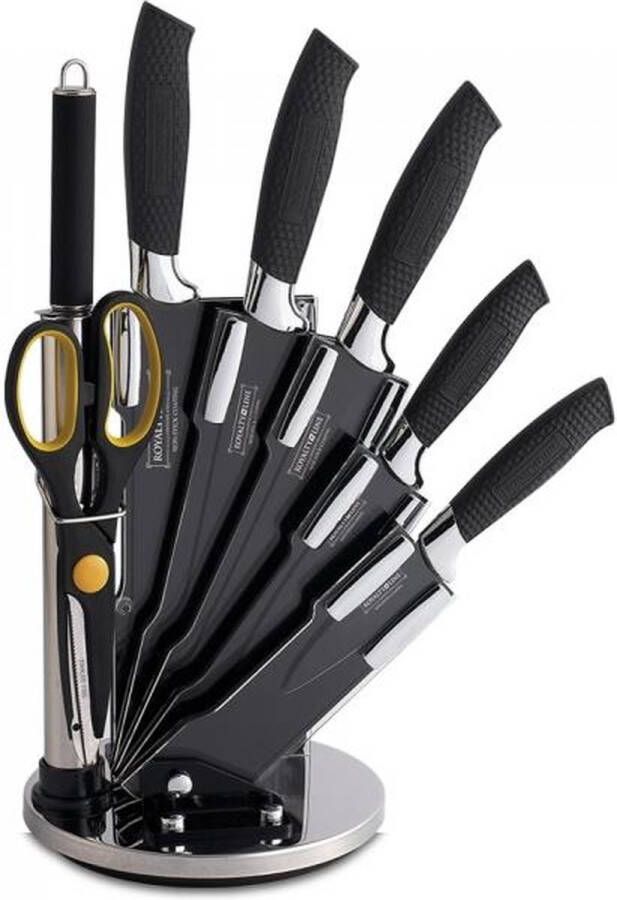 Royalty line BLK8W Messenset Met Blok 8 Delig Messenblok Met Draaibaar Standaard Scherpe Messensets RVS Zwart