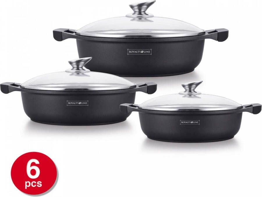 Royalty line BR1006 Pannenset Inductie 6 Delig Braadpan Inductie Braadpanset Bakpan Inductie Soeppan Ø 26 30 32 cm 3 4.8 5.5 Liter Kookpan Met Glazen Deksel Voor Alle Warmtebronnen Antiaanbaklaag Aluminium Zwart