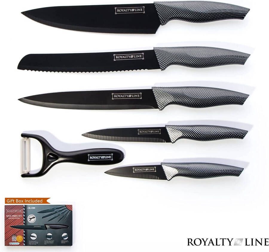 Royalty line Messenset 6 delig Keukenmessenset Koksmessen Broodmes Snijmes Universele mes Schilmesje Mes met kartels Zwarte messen Anti-aanbaklaag Keuken accessoires Dunschiller Kartelmes 5 messen en een dunschiller