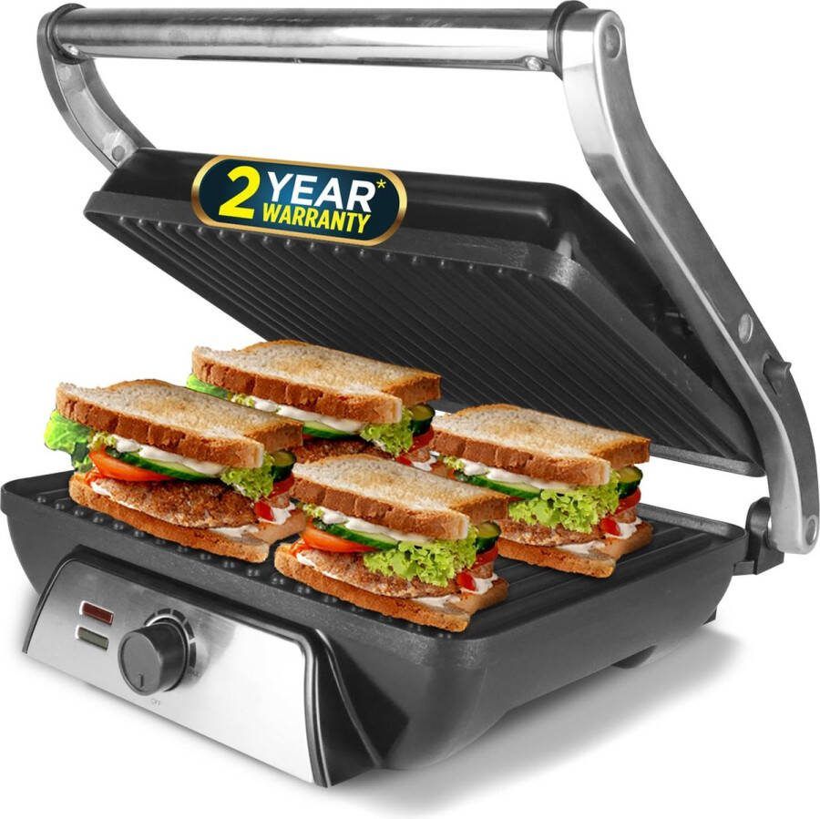 Royalty line SL107A Contactgrill Panini Grill Zwevende Bovenplaat 30 x 24cm Grill Apparaat Met Antiaanbaklaag 2000W Instelbare Temperatuur Zwart RVS
