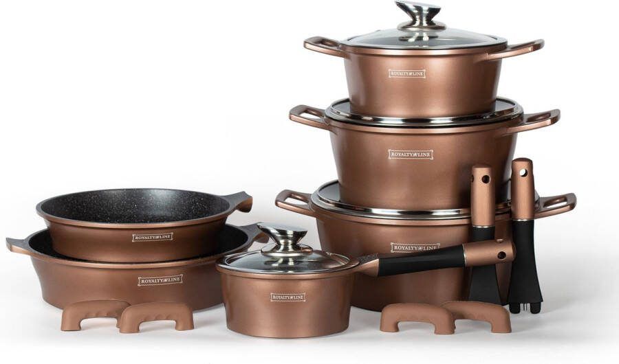 Royalty line ES1014 Inductie Pannenset 14-Delige Pannenset Met Marmeren Coating Met Afneembare Handvaten Oven-Ready PFAS-Vrij Voor Alle Warmtebronnen Antiaanbaklaag Met Glazen Deksels Koper