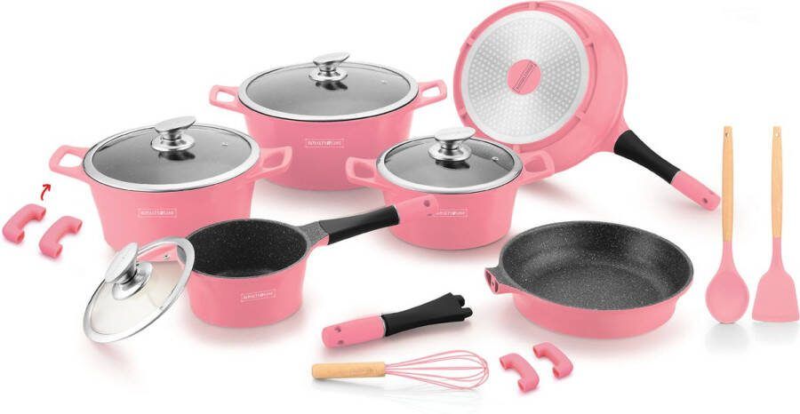 Royalty line ES1014 Inductie Pannenset 17-Delige Pannenset Met Marmeren Coating Met Afneembare Handvaten Oven-Ready PFAS-Vrij Voor Alle Warmtebronnen Antiaanbaklaag Met Glazen Deksels Roze