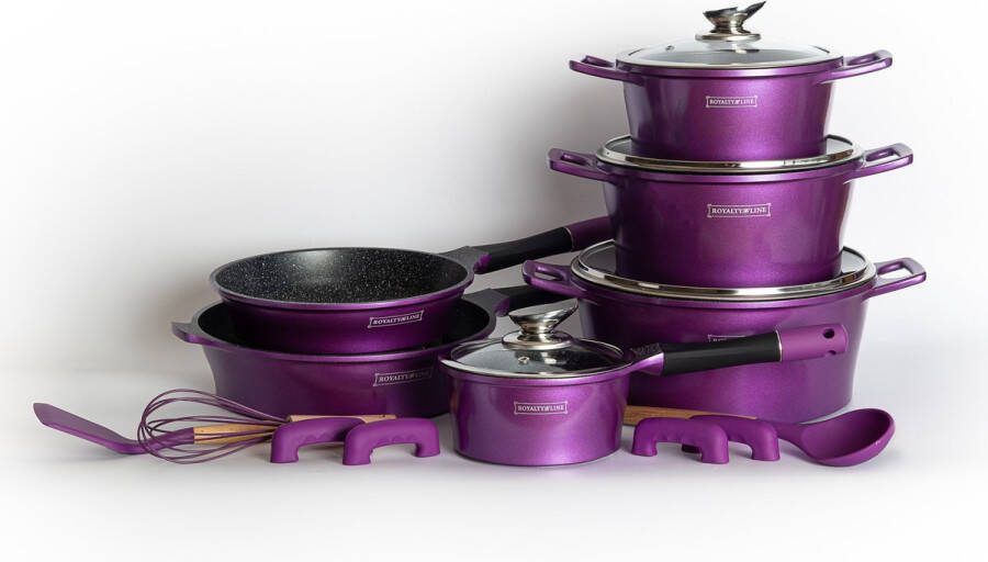 Royalty line ES1014 Pannenset Inductie 17 Delige Pannenset Met Marmeren Coating Met Afneembare Handvaten Oven-Ready PFAS-Vrij Voor Alle Warmtebronnen Antiaanbaklaag Met Glazen Deksels Paars