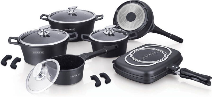 Royalty line ES1015 Pannenset Inductie 15-Delig Pannenset Met Glazen Deksels en Afneembare Koudgrepen Voor Alle Warmtebronnen Oven-Ready Dubbel Grillpan ( NIET Inductie) Zwart