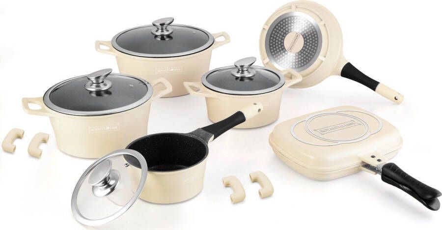 Royalty line ES1015 Pannenset Inductie 15-Delig Pannenset Met Glazen Deksels en Afneembare Koudgrepen Voor Alle Warmtebronnen Oven-Ready Dubbel Grillpan ( Niet Inductie) Crème