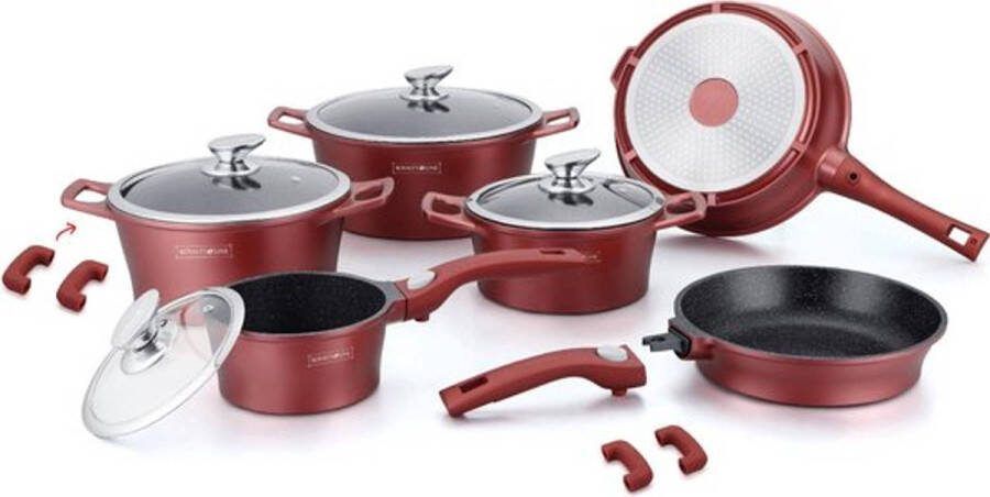 Royalty line ES2014 Inductie Pannenset Luxe 14-delige Pannenset Met Afneembare Handvaten Oven-Ready PFAS-Vrij Voor Alle Warmtebronnen Antiaanbaklaag Koekenpan Met Glazen Deksels Bordeaux