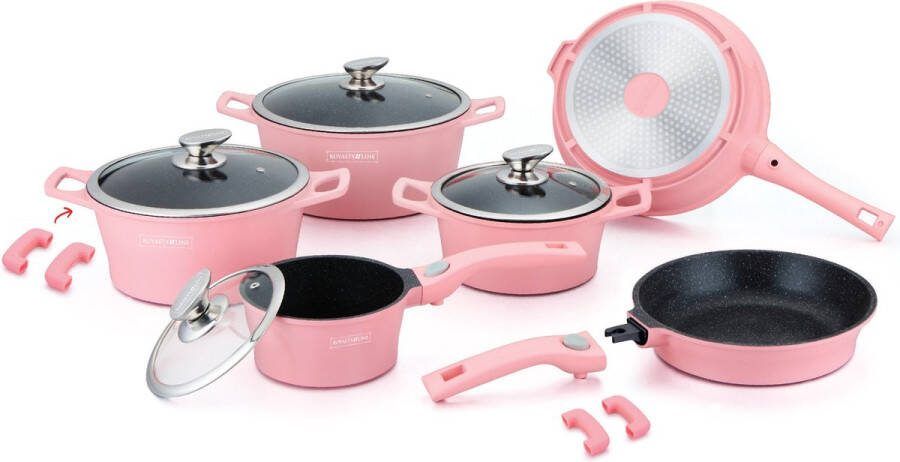 Royalty line ES2014 Inductie Pannenset Luxe 17 Delige Pannenset Met Afneembare Handvaten Oven-Ready PFAS-Vrij Voor Alle Warmtebronnen Antiaanbaklaag Koekenpan Met Glazen Deksels Roze
