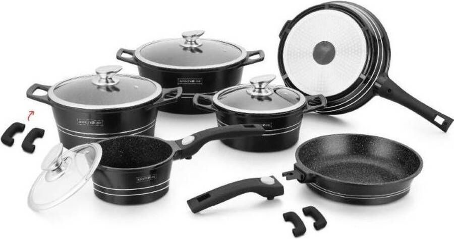 Royalty line ES2014 Inductie Pannenset Luxe 14-delige Pannenset Met Afneembare Handvaten Oven-Ready PFAS-Vrij Voor Alle Warmtebronnen Antiaanbaklaag Koekenpan Met Glazen Deksels Zwart