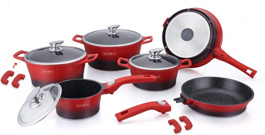 Royalty line ES2014 Inductie Pannenset Luxe 14-delige Pannenset Pannen Met Afneembare Handvaten Oven-Ready PFAS-Vrij Voor Alle Warmtebronnen Rood Zwart