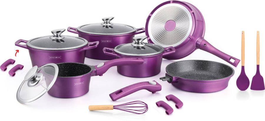 Royalty line ES2014 Pannenset Inductie 17 Delige Pannenset Met Marmeren Coating Met Afneembare Handvaten Oven-Ready PFAS-Vrij Voor Alle Warmtebronnen Antiaanbaklaag Met Glazen Deksels Paars