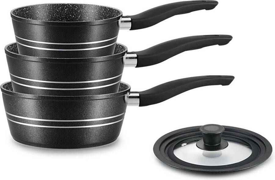 Royalty line FS3M Steelpannen Inductie 4 Delig Steelpan Set Met Universeel Siliconen Deksel Ø 16 18 20 cm Antiaanbaklaag Pannenset Voor Alle Warmtebronnen Zwart