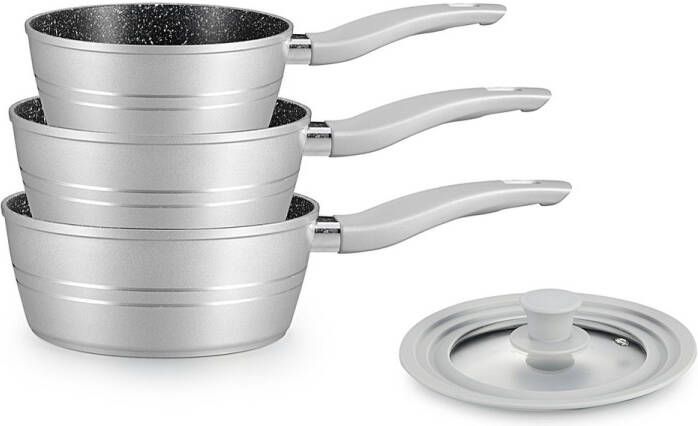 Royalty line FS3M Steelpannen Inductie 4 Delig Steelpan Set Met Universeel Siliconen Deksel Ø 16 18 20 cm Antiaanbaklaag Pannenset Voor Alle Warmtebronnen Silver