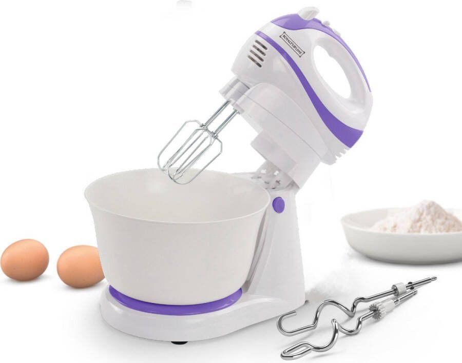 Royalty line HMS250T Handmixer Met Mengkom 2 in 1 Keukenmixer Met Kloppers en Deeghaken 300W 2.5 Liter Mengkom Wit Paars