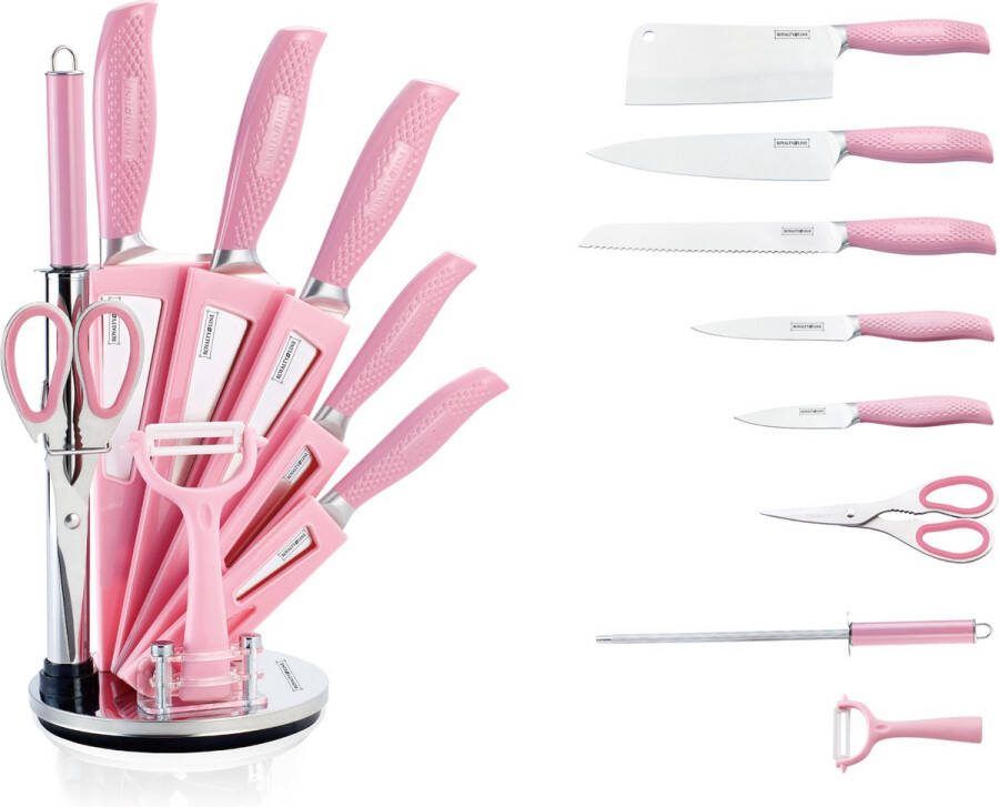 Royalty line KSS540 Messenset Met Blok 9 Delig Messenblok Met Draaibaar Standaard Scherpe Messen Vaatwasbestendig Incl. Messenslijper en Keukenschaar RVS Roze