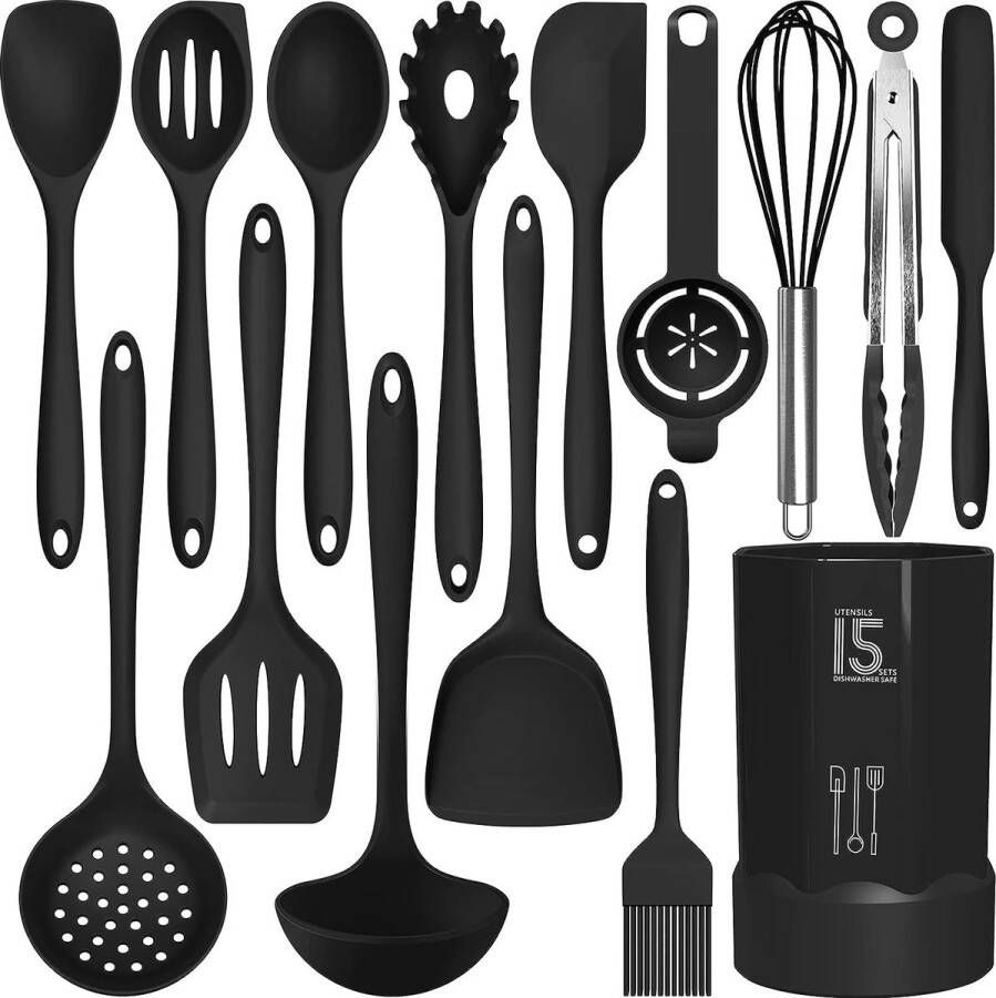 Royalty line KU15SB Keukengerei Sets Met Houder 15 Delig Kookgerei Set Keukengerei Set BPA Vrij Keukenset Vaatwasbestendig Hittebestendig Siliconen Zwart