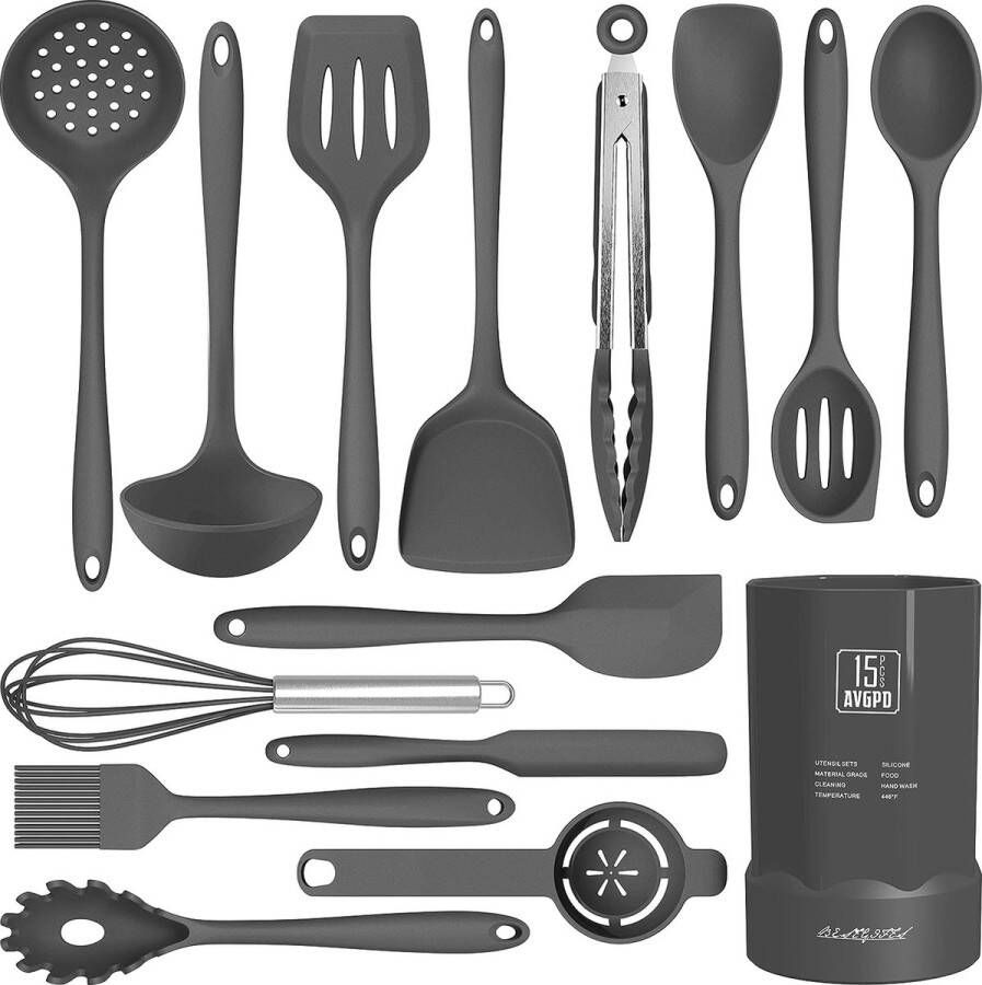 Royalty line KU15SG Keukengerei Set Met Houder 15 Delig Kookgerei Set Kitchen Set Vaatwasmachinebestendig BPA Vrij Hittebestendig Siliconen Grijs
