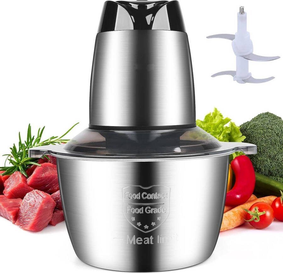 Royalty line MCE600 Elektrische Hakmolen Groentesnijder 3 Liter Kom XL Chopper RVS 2 Snelheden 600W Foodprocessor Met RVS Kom Mandoline Hakmolen Elektrisch RVS