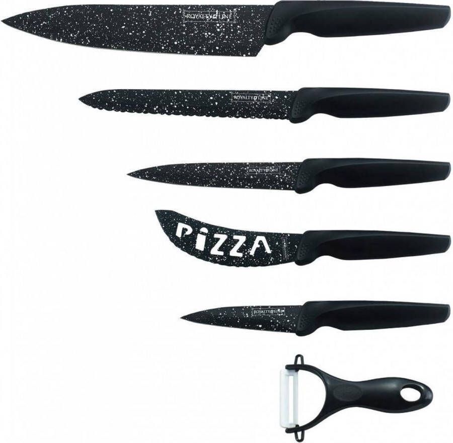 Royalty line MB5N Messenset 6 Delig Keukenmessenset Keukenmes Broodmes Vleesmes Pizzames Schilmes Antiaanbaklaag Zwart