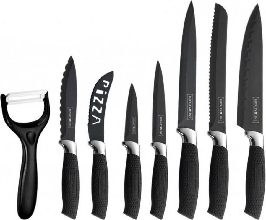 Royalty line BLK7W Messenset 8 Delig Messensets Ergonomische Messen Met Antiaanbaklaag Zwart