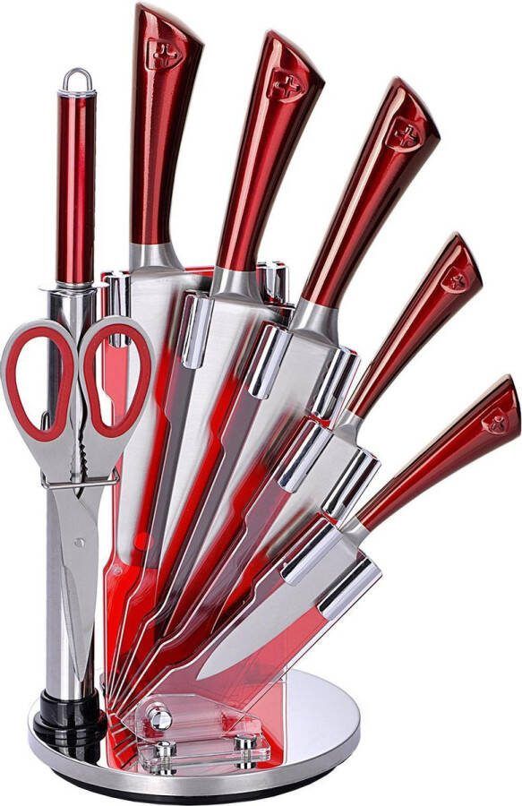 Royalty line KSS804 Messenset Met Blok 8 Delig Messenblok Met Draaibaar Standaard Scherpe Messensets RVS Rood