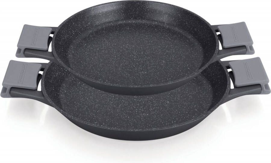 Royalty line MP1002M Paellapan Inductie Set van 2 Pannen Ø 32 36 cm Pan Met Afneembare Koudgrepen Voor Alle Warmtebronnen Oven-Vrij Marmer Coating Zwart