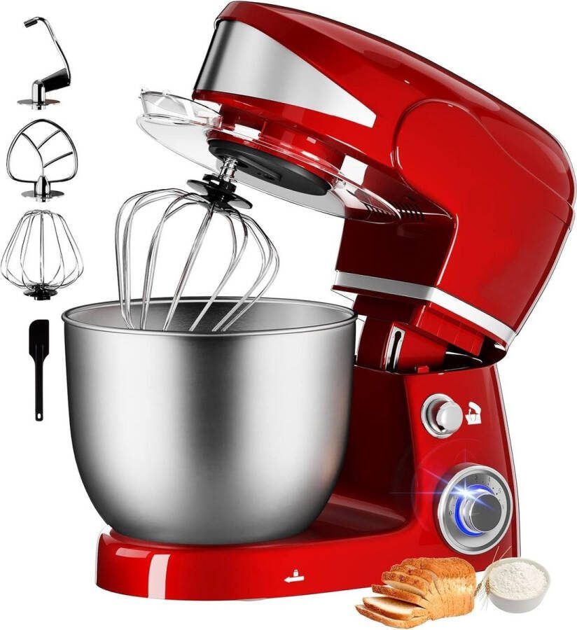 Royalty line PKM1600 Keukenmachine Keukenrobot 1600W Keukenmixer Met 6 Snelheidsstanden Met Spatscherm & RVS Mengkom 6 Liter Rood